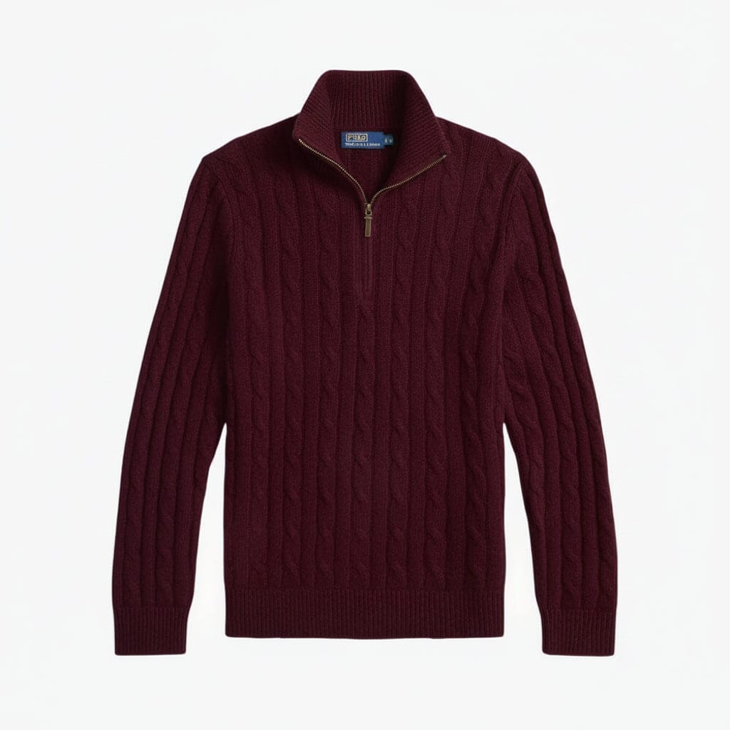 Zopfmuster-Kaschmirpullover mit Viertelreißverschluss Edelherr Wein S