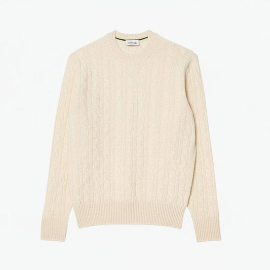 Cable Knit Carded Wool Crew Neck Sweater Edelherr Weiß S 