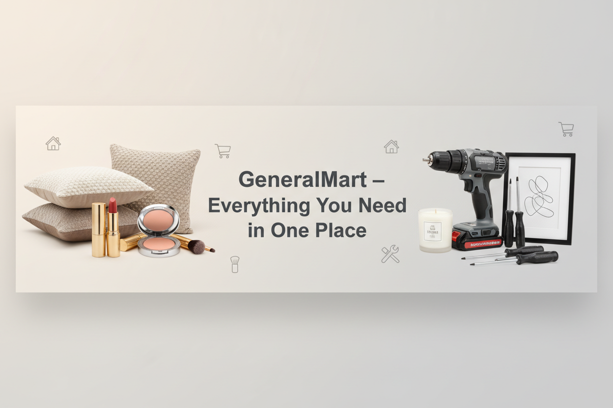 Create a modern, elegant website banner for GeneralMart, a versatile store that sells home essentials, beauty products, tools, and lifestyle accessories. Use a clean and stylish layout with soft lighting, high-quality product visuals like pillows, makeup items, screwdrivers or drills, and small home accessories. Include a subtle gradient background, minimalistic icons, and a balanced composition. Add the text: ‘GeneralMart – Everything You Need in One Place’ in a sleek, bold font. 