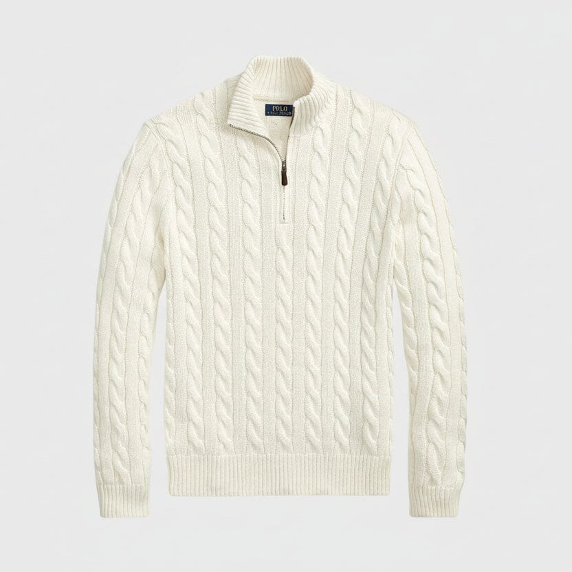 Grobstrick-Baumwollpullover mit Viertelreißverschluss Edelherr Creme S 