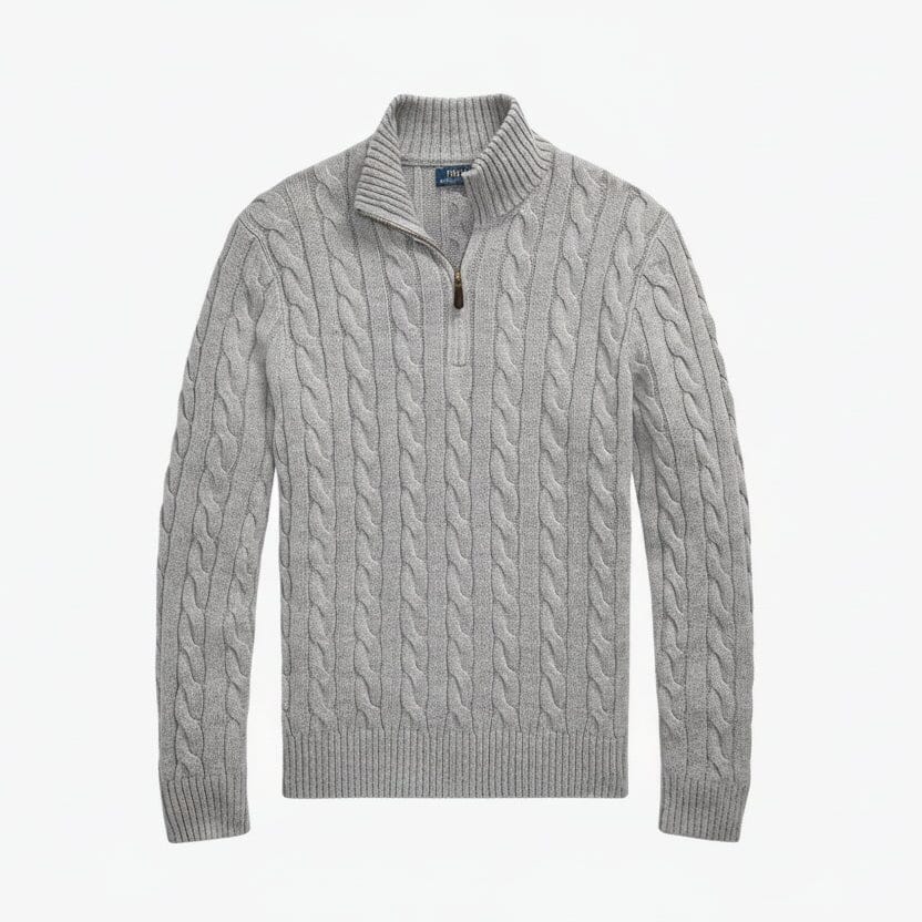 Grobstrick-Baumwollpullover mit Viertelreißverschluss Edelherr Grau S 