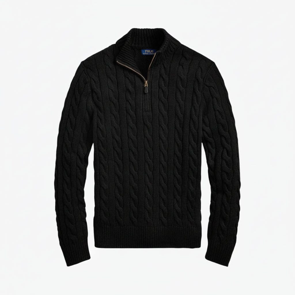 Grobstrick-Baumwollpullover mit Viertelreißverschluss Edelherr Schwarz S 