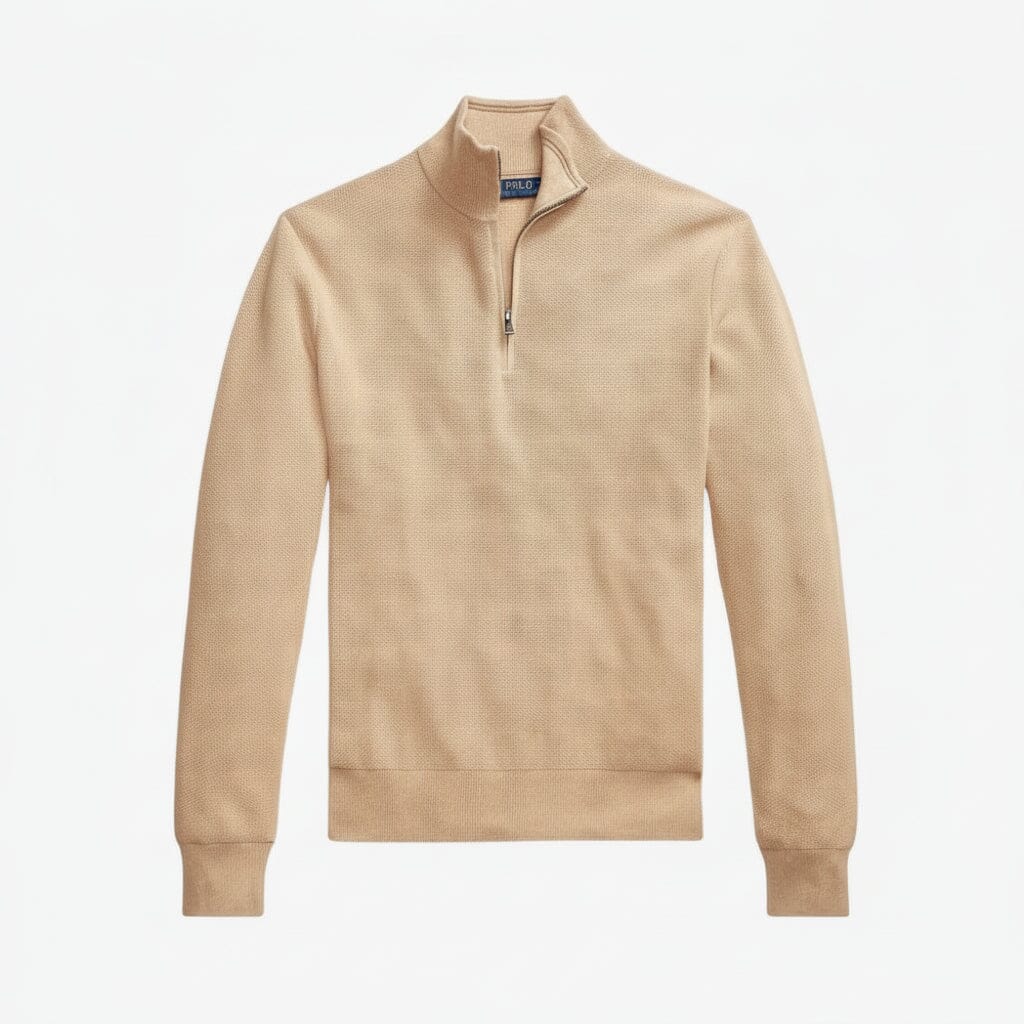 Mesh-Strickpullover aus Baumwolle mit Viertelreißverschluss Edelherr Kamel S 