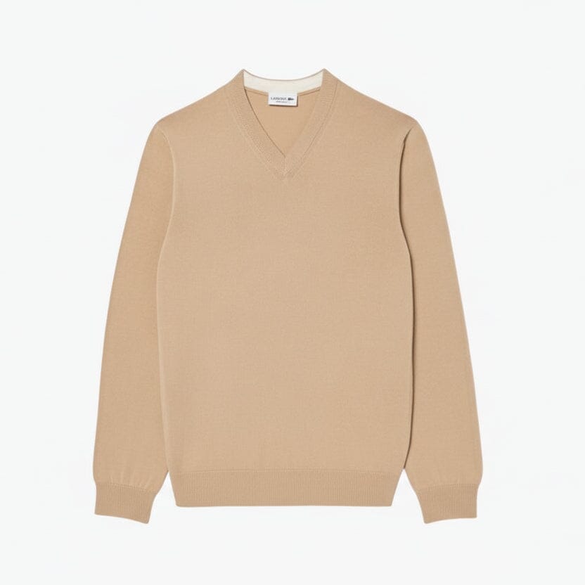 Monochrome Baumwollpullover mit V-Ausschnitt Edelherr Beige S 