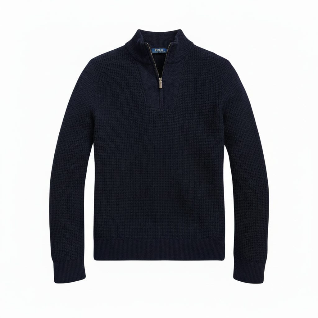 Waffelstrickpullover aus Wolle und Baumwolle mit Viertelreißverschluss Edelherr Marineblau S 