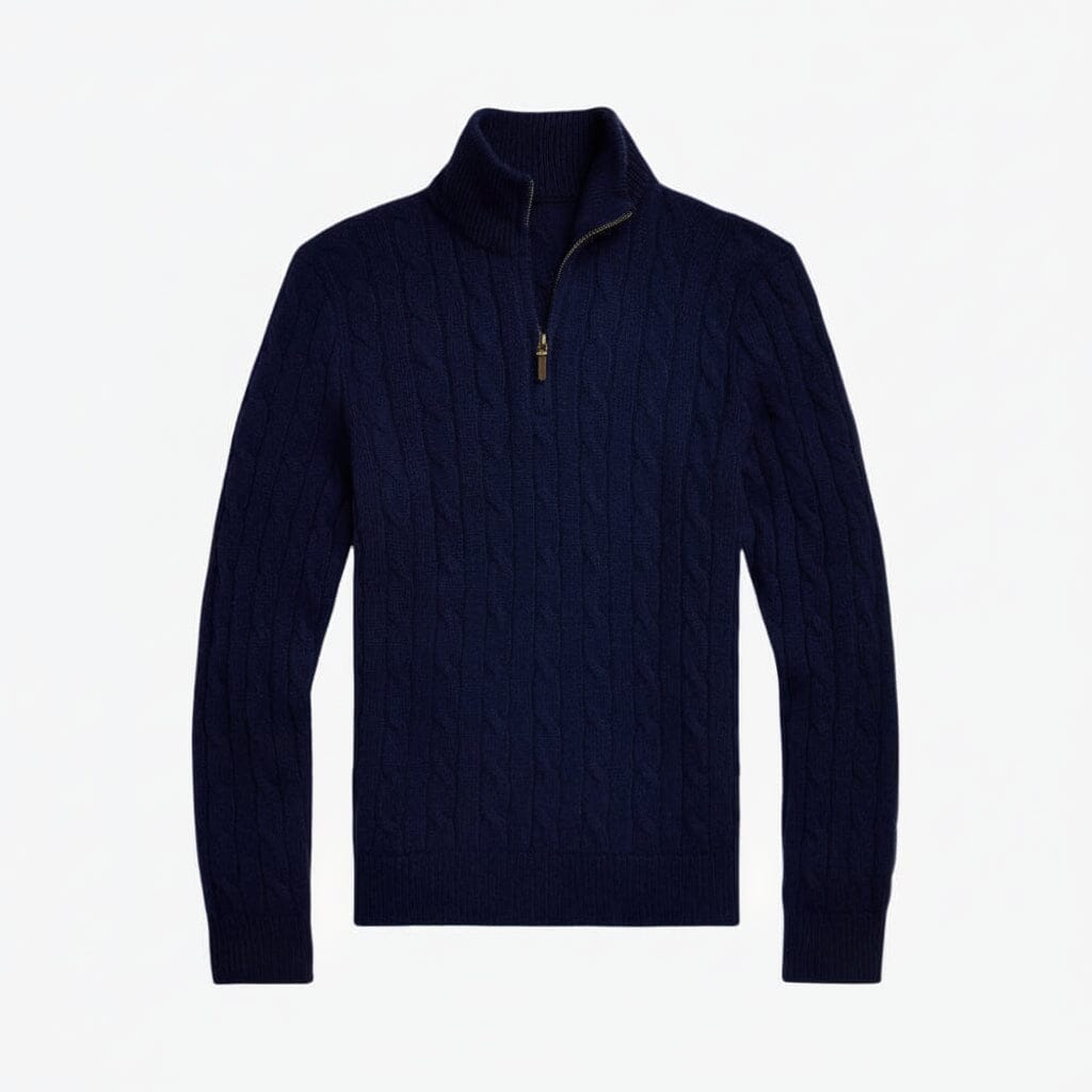 Zopfmuster-Kaschmirpullover mit Viertelreißverschluss Edelherr Marineblau S 